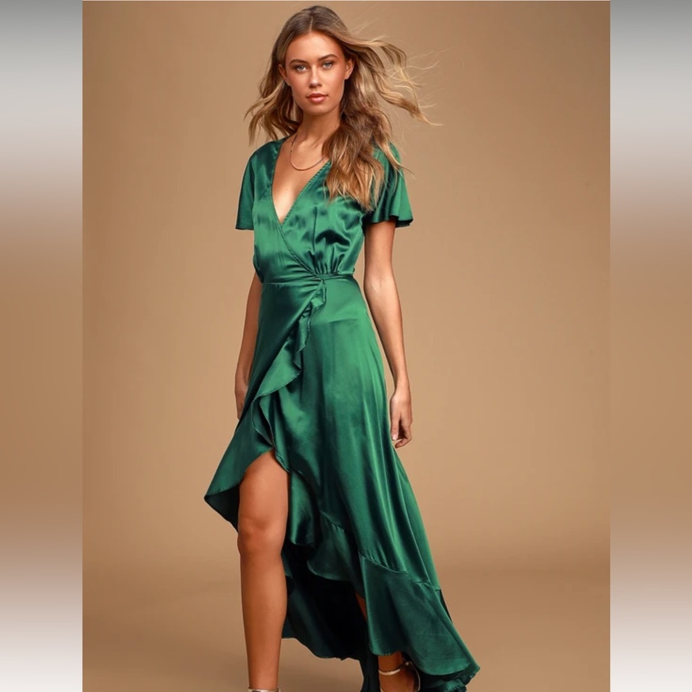 Love Of Your Life Dark Green Satin Ruffled Wrap Maxi Dress